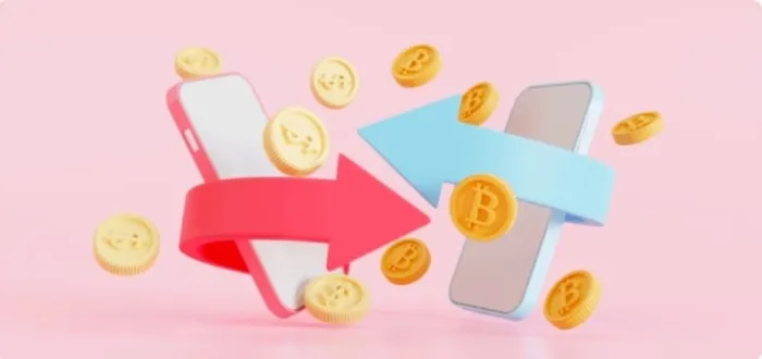 Two phones exchanging Bitcoin and crypto coins — instant swap concept